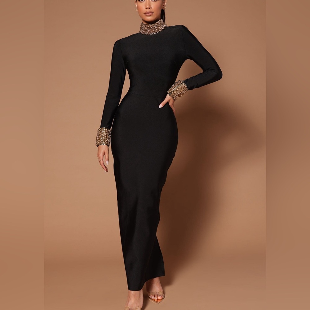 Black Bodycon Long Sleeve Mock Neck Dress